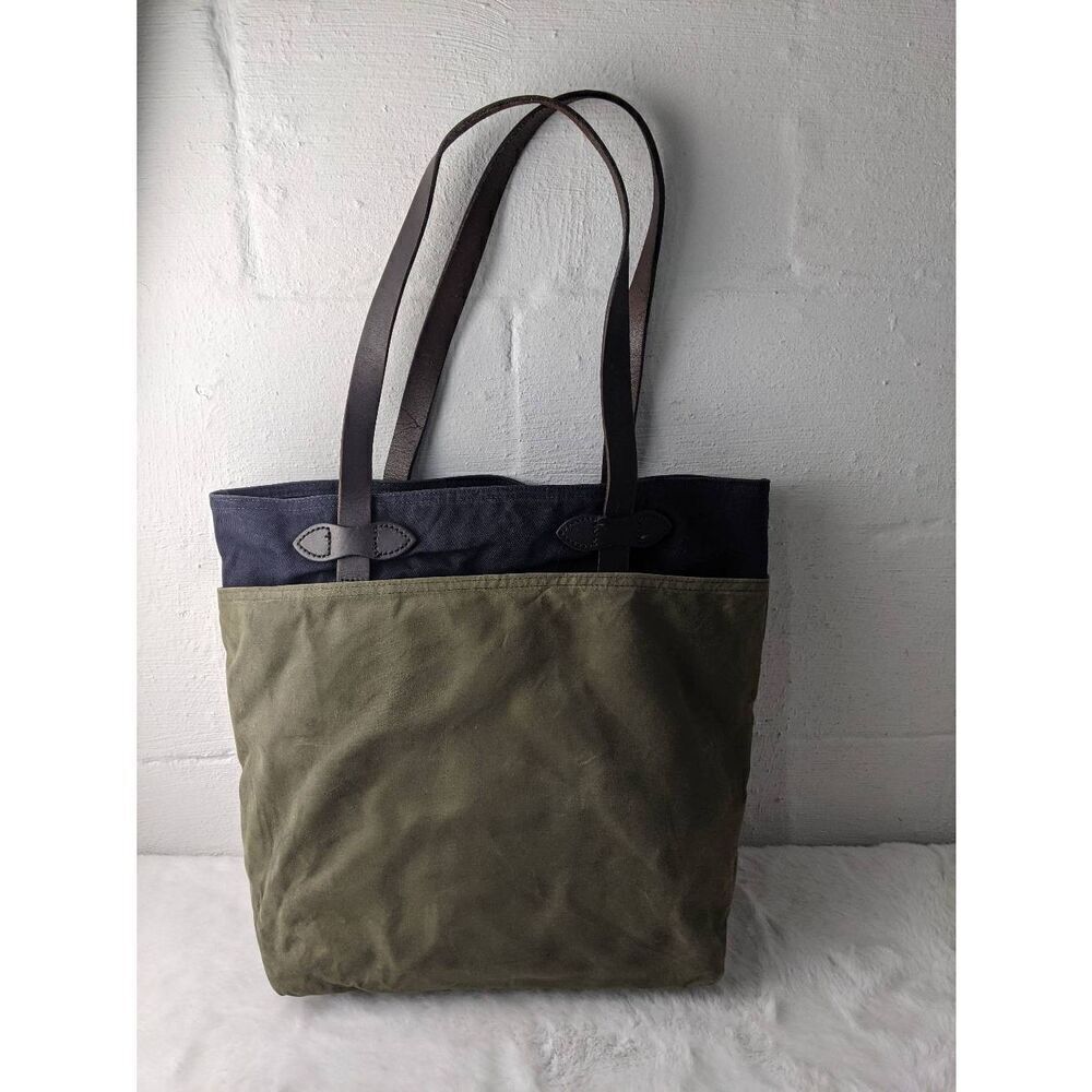 Filson Vintage Two Tone Tote Bag Canvas Green Navy w Pockets **Distressed Stains - Picture 3 of 16